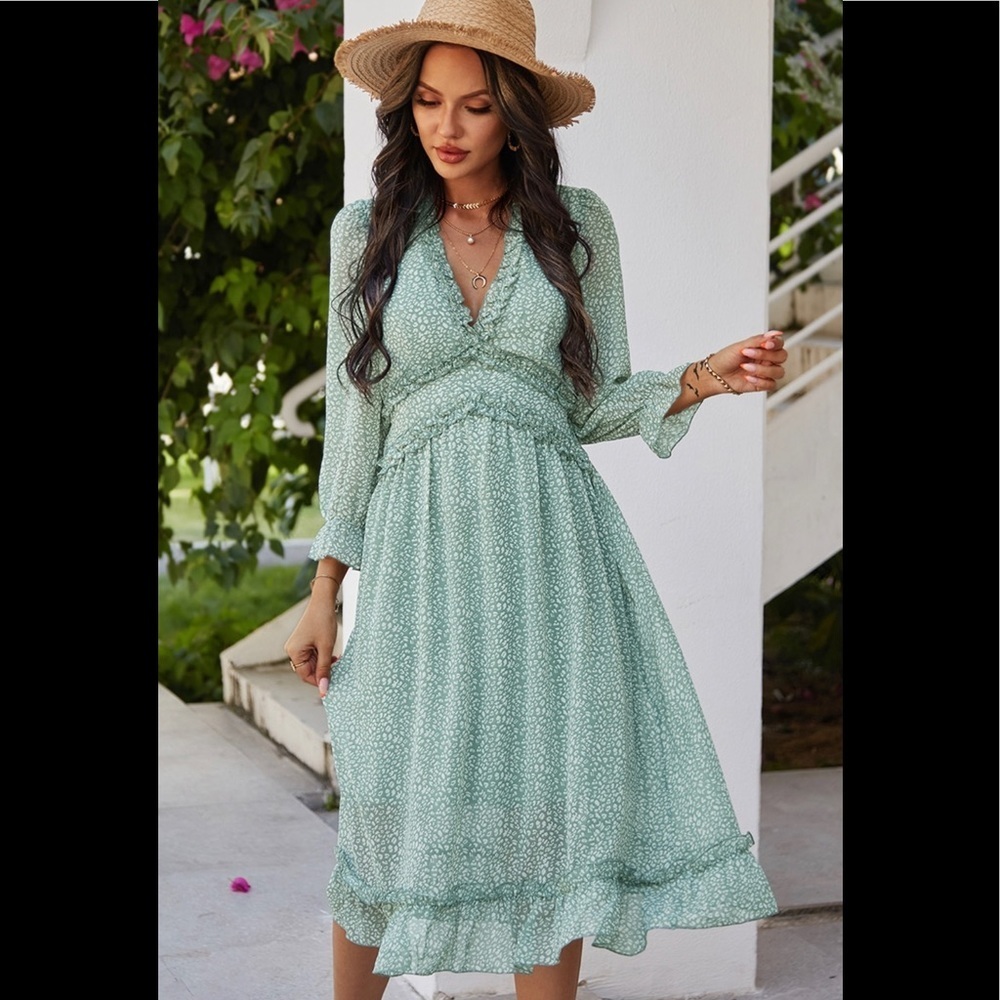 Light green and white floral print dress